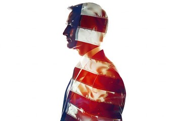 Double exposure image of politician - male political candidate with american flag on white - obrazy, fototapety, plakaty