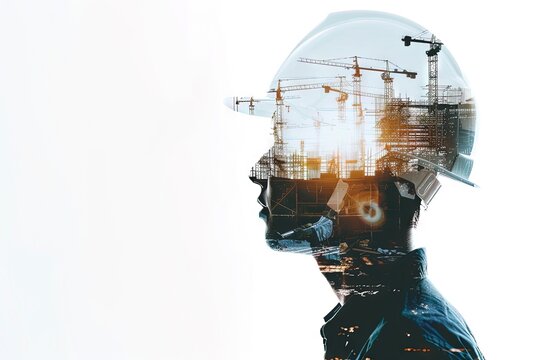 Double exposure image of construction worker wearing hard hat with construction site background on white
