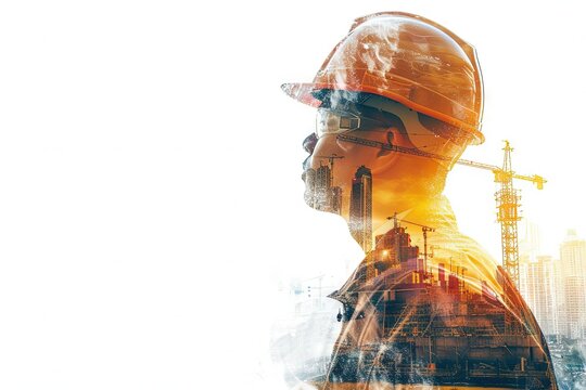 Double exposure image of construction worker wearing hard hat with construction site background on white