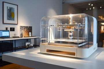 Modern 3D printer in an office environment with art on the walls.
