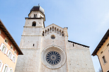 Fototapeta na wymiar Facade of Trento Cathedral of San Vigilio; Detail of rose window; Trentino-Alto Adige, Italy