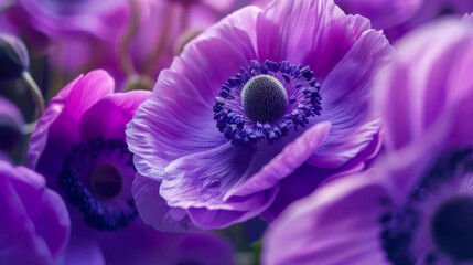 Close-up of a violet anemone flower with a black center of stamens. Сoncept: of florist in flower shop, wallpaper, floral background. Selective focus. Generative AI