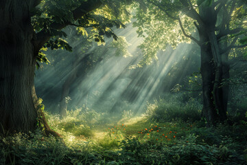 Obraz premium A forest with a tree in the foreground and a path leading to it