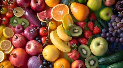 Colorful raw fruits and vegetables varied vegan food vivid rainbow arrangement full frame background