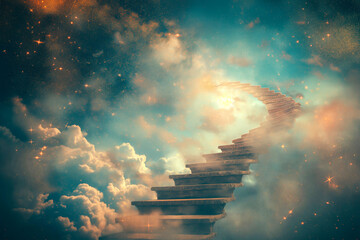 Abstract image of a staircase twisting into the sky, merging with clouds and stars, representing the journey to unknown realms of thought - obrazy, fototapety, plakaty