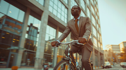 An African American man in a business suit commuting to work on a bicycle. Environmentally friendly transportation, sustainable lifestyle, modern eco-friendly city