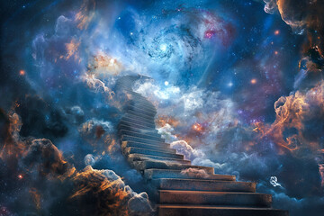 Abstract image of a staircase twisting into the sky, merging with clouds and stars, representing the journey to unknown realms of thought