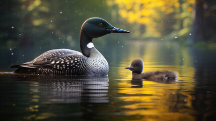 Loon and baby on the water, in the style of national geographic photo, loon family.