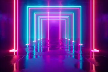 Abstract neon light geometric background. Rectangle stage product display. Glowing neon lines. Empty futuristic stage laser. Rectangular laser lines. Square stage. Laser show design. Copyspace