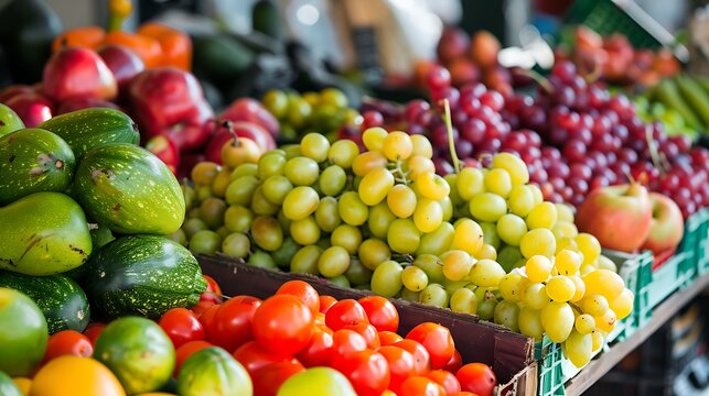 Fresh colorful fruits and vegetables in market