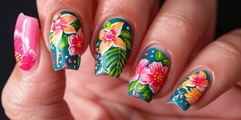 Woman with manicured nails - floral summer design