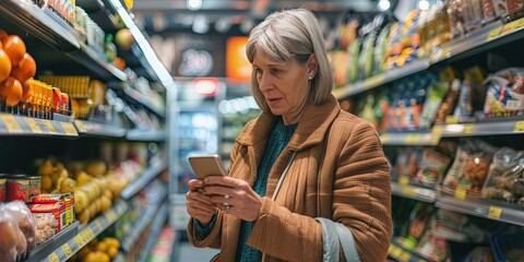 Boomer in 60s using smartphone while grocery shopping in the retail store