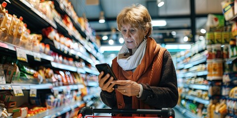 Boomer in 60s using smartphone while grocery shopping in the retail store - Powered by Adobe