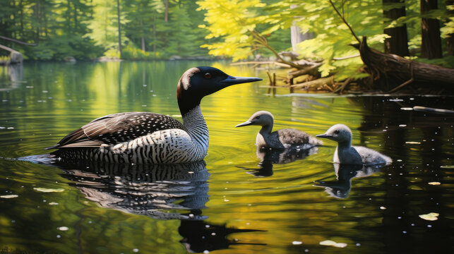Loon and baby on the water, in the style of national geographic photo, loon family.