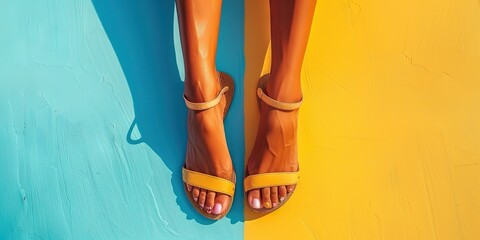 Woman's feet with pedicured toes in sandals with summer background - obrazy, fototapety, plakaty