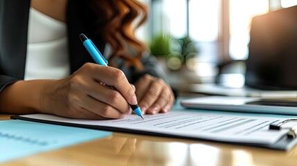 hands meticulously write on paper with a pen, capturing the essence of business dealings in an office background, where a confident businesswoman sits at her desk, signing a contract in a company.