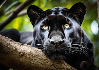 Une panthère noire au regard profond est à l'écoute de la nature et de son environnement sauvage.