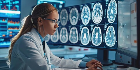 Female medical doctor checking brain scans on a glowing monitor at the hospital - neurosurgeon and neurology concept - obrazy, fototapety, plakaty