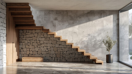 Loft interior design of modern entrance hall with staircase and rustic wooden bench near concrete wall with copy space.