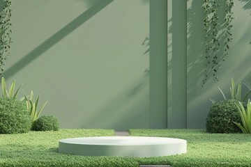 Podium on green grass background with spring flowers. 3D product display field stage. Eco-friendly pedestal in nature scene