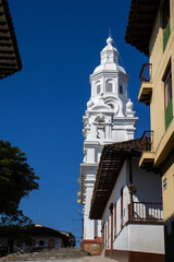 Fototapeta na wymiar Historic Minor Basilica of the Immaculate Conception inaugurated in 1874 in the heritage town of Salamina in the department of Caldas in Colombia