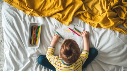 a child sits on a bed, engrossed in drawing with colored pencils held in hand, accompanied by a...