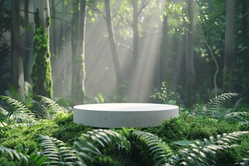 Green podium with eco-friendly background for product display. 3D wooden platform amidst tropical plants, stone, and moss. Minimalist jungle scene for nature-inspired presentations