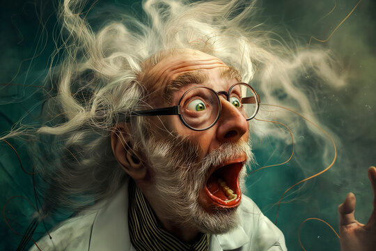 Portrait of a mad scientist with wild hair and a lab coat, caught in a moment of surprise and alarm. The image humorously captures the essence of this iconic, quirky persona