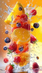 Some fruits floating, cut fruits, juice splash, illustration made with generative AI