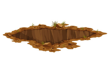 Hole ground. Works digging of sand coal waste rock or gravel. Brown, dry mine element of landscape. Cartoon illustration