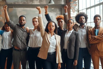 Diverse group of professional young business people standing together with raised arms in a fist at office
