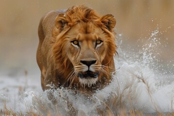 A majestic lion runs through the water in the wild