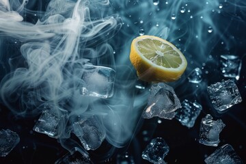  Dark and mysterious cocktail scene with a magic twist. Black background highlighted by blue light and smoke effects, featuring a lemon ice splash