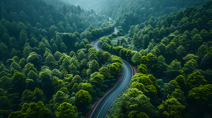 Drone view of a winding highway through a lush green forest. Scenic route and nature travel concept