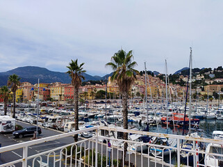 Menton port and Old Town, Cote d`Azur, France with clear blue sky