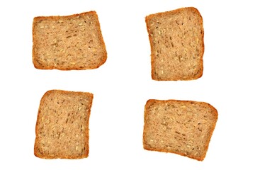 Very delicious wheat-rye bread with sunflower seeds - view of four slices of bread on a white background