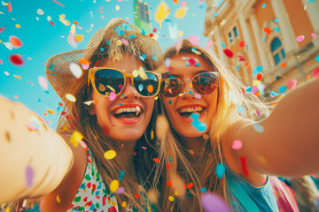 Excited girls on summer festival having fun with confetti outdoor and taking a selfie