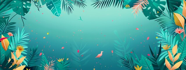 a tropical scene with birds and plants on a blue background with a place for text