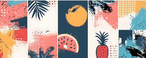 Pineapple  palm leaf, watermelon, sun, abstract, summer background. Cafe, menu, travel, vacation, abstract banner.