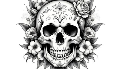Skull and Flowers Day of The Dead, Vintage illustration. Elegant tattoo design. Gothic style, boho design.