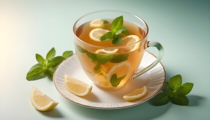 Cup of healthy ginger tea with mint leaves and lemon. Space for your text