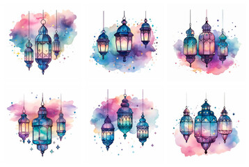 Fototapeta na wymiar Soft washes of color depict a variety of hanging lanterns