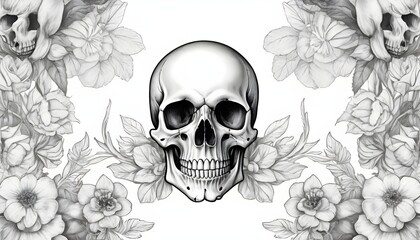 Skull and Flowers Day of The Dead, Vintage illustration. Elegant tattoo design. Gothic style, boho...