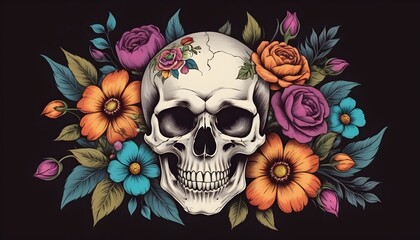 Skull and Flowers, Vintage illustration. Elegant tattoo design. Digital illustration for prints,...