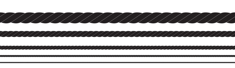 Black and white rope isolated on white. Seamless compilation. Brush. - obrazy, fototapety, plakaty
