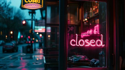 a neon sign that reads closed on a city street at night time - obrazy, fototapety, plakaty