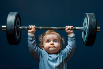 Funny strong baby lifting a heavy barbell over dark background. - obrazy, fototapety, plakaty