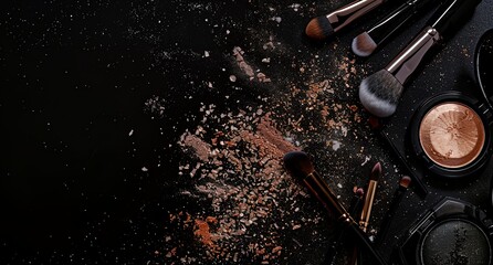 a collection of makeup brushes and eye shadows on a black surface - obrazy, fototapety, plakaty