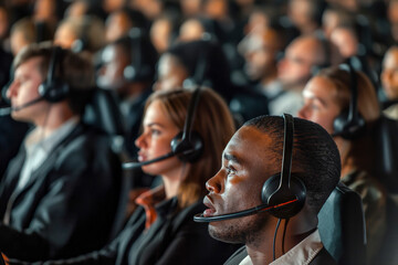 Group of diverse business people wearing headset working at call center. Large group of telephone workers or operators working in row at busy office