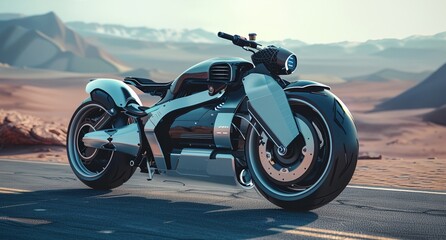 a futuristic motorcycle is parked on the side of the road - obrazy, fototapety, plakaty
